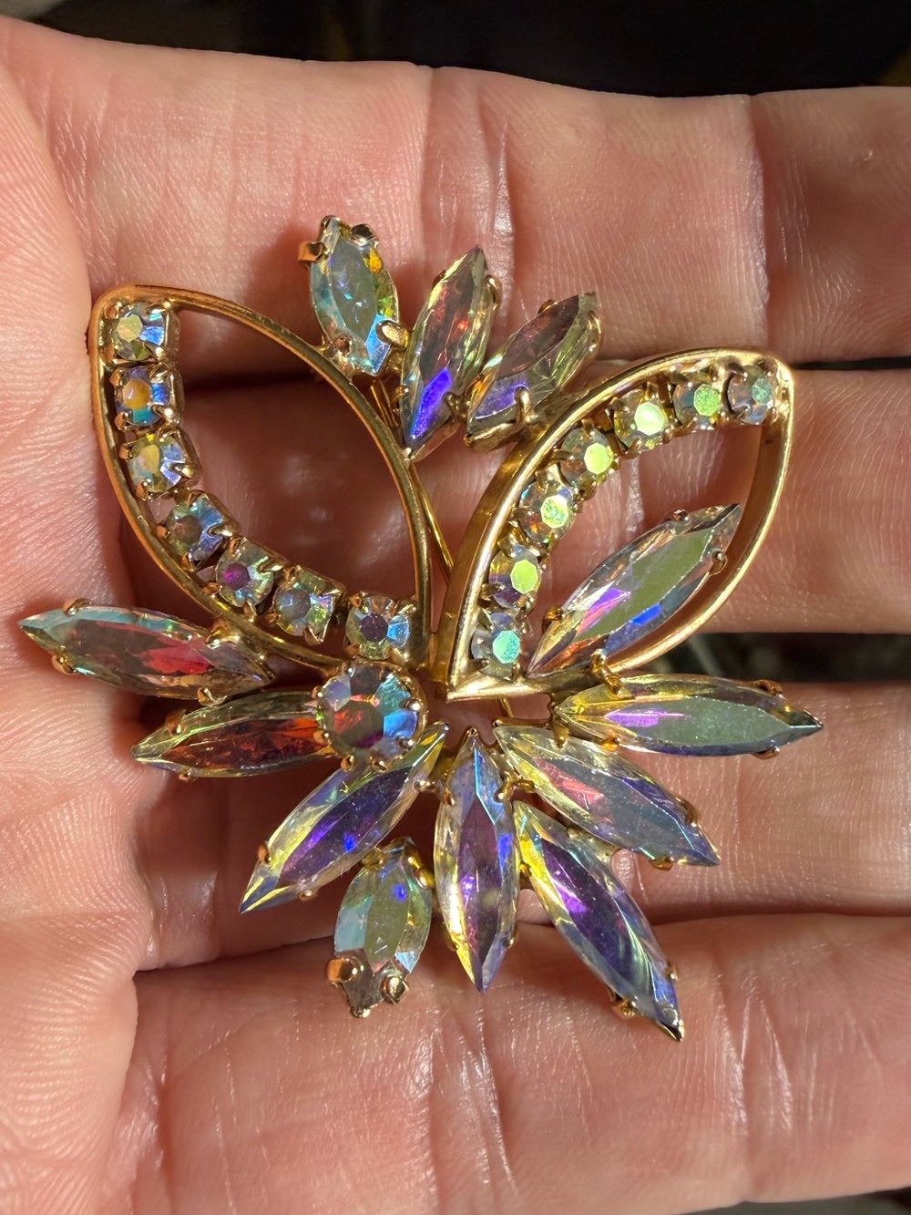 Vintage Gold-Tone Aurora Borealis Crystal Floral Brooch